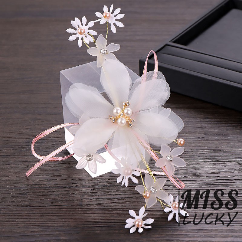 Phụ kiện cài tóc hoa đính ngọc trai hồng sang trọng cho cô dâu