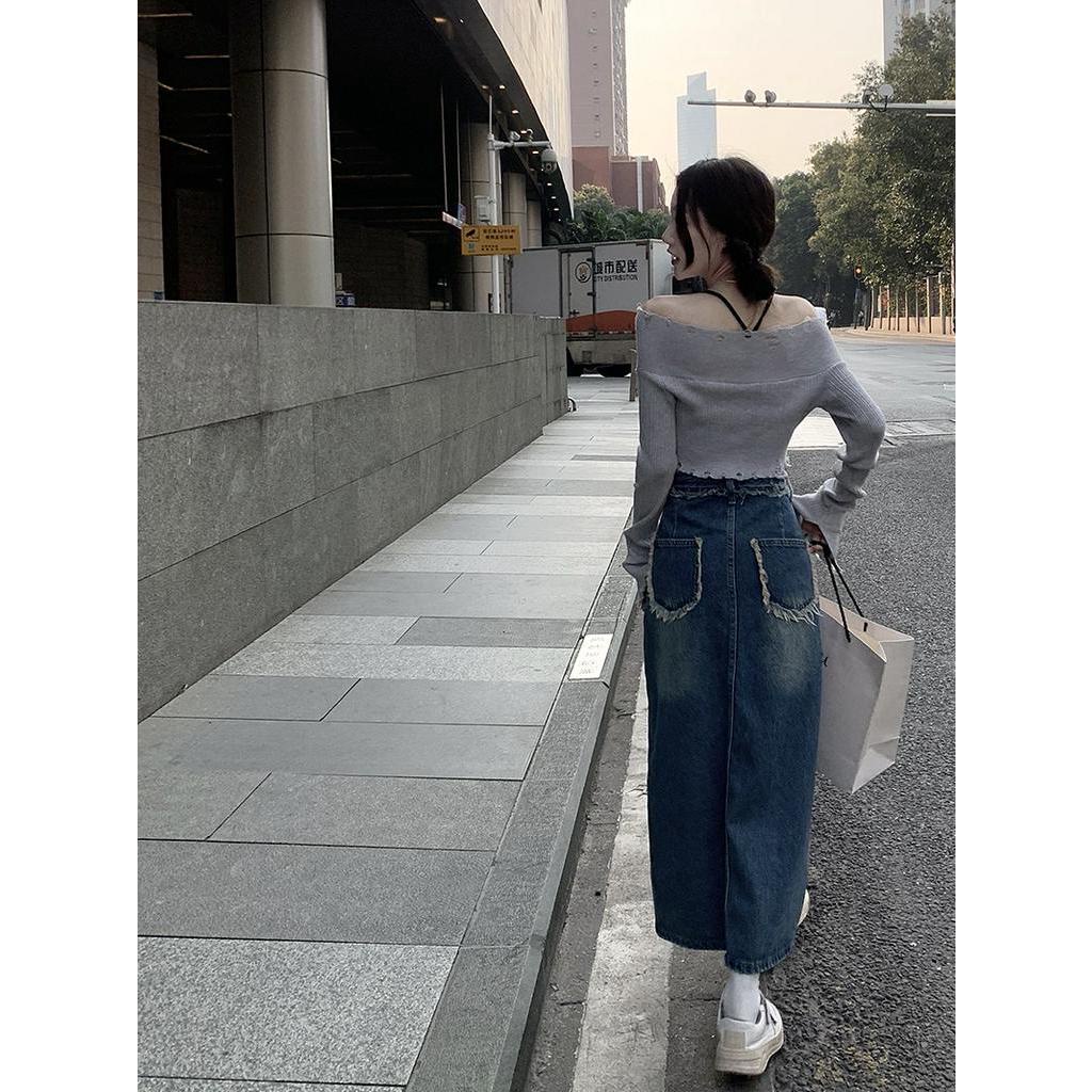 Chân váy jean Lưng Cao Xẻ Tà Phong Cách retro Dành Cho Nữ