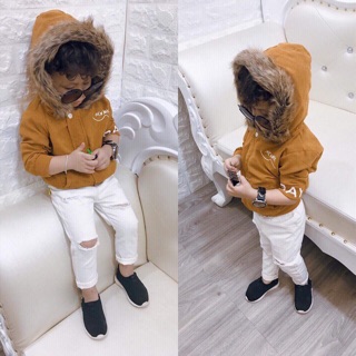 Áo da lộn lót lông có mũ ấm