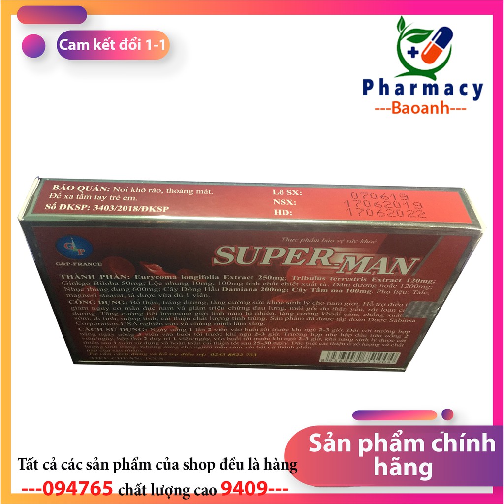 Tăng cường sinh lí nam super man 1h  Giúp bổ thận tráng dương, tăng hormone nam, ngừa mãn dục sớm Superman GP