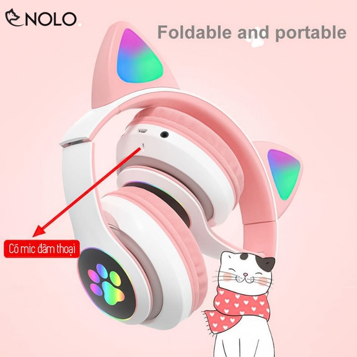 Tai Nghe Chụp Tai Headphone Bluetooth V5.0 VZV23M Kiểu Tai Mèo Có Đèn Led RGB Đổi Màu Hỗ Trợ Nghe Qua Dây Cắm AUX