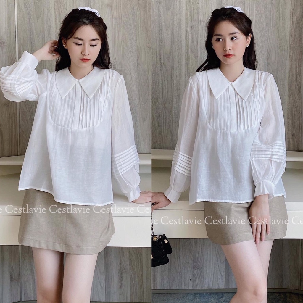 Áo sơ mi cổ sen xếp ly kiểu mới dáng công sở thanh lịch