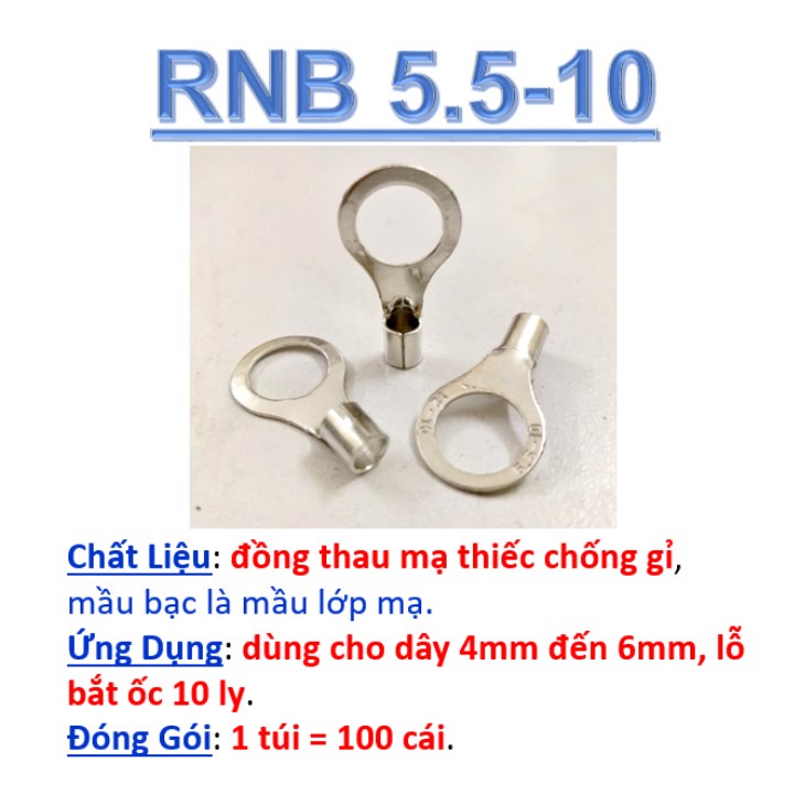 Đầu cos dây điện tròn trần RNB 5.5, đầu cốt bấm dây điện 4mm 6mm, cosse  đồng, đầu nối điện ắc quy