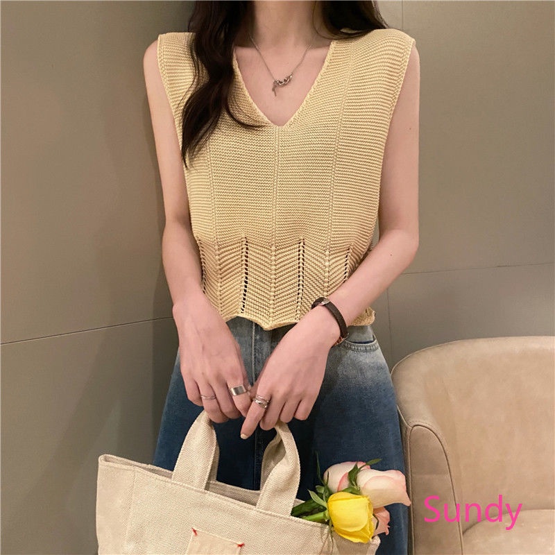 Áo dệt kim không tay cổ chữ V dáng rộng thời trang mùa hè Hàn Quốc dành cho nữ