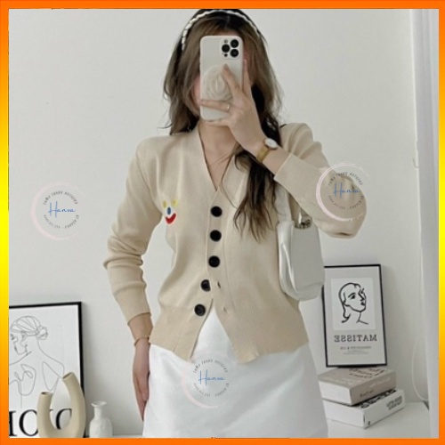 Áo Len Nữ Cardigan Dáng Croptop Họa Tiết Mặt Cười Đáng Yêu Chất Len Dệt Mềm Mịn Hanva