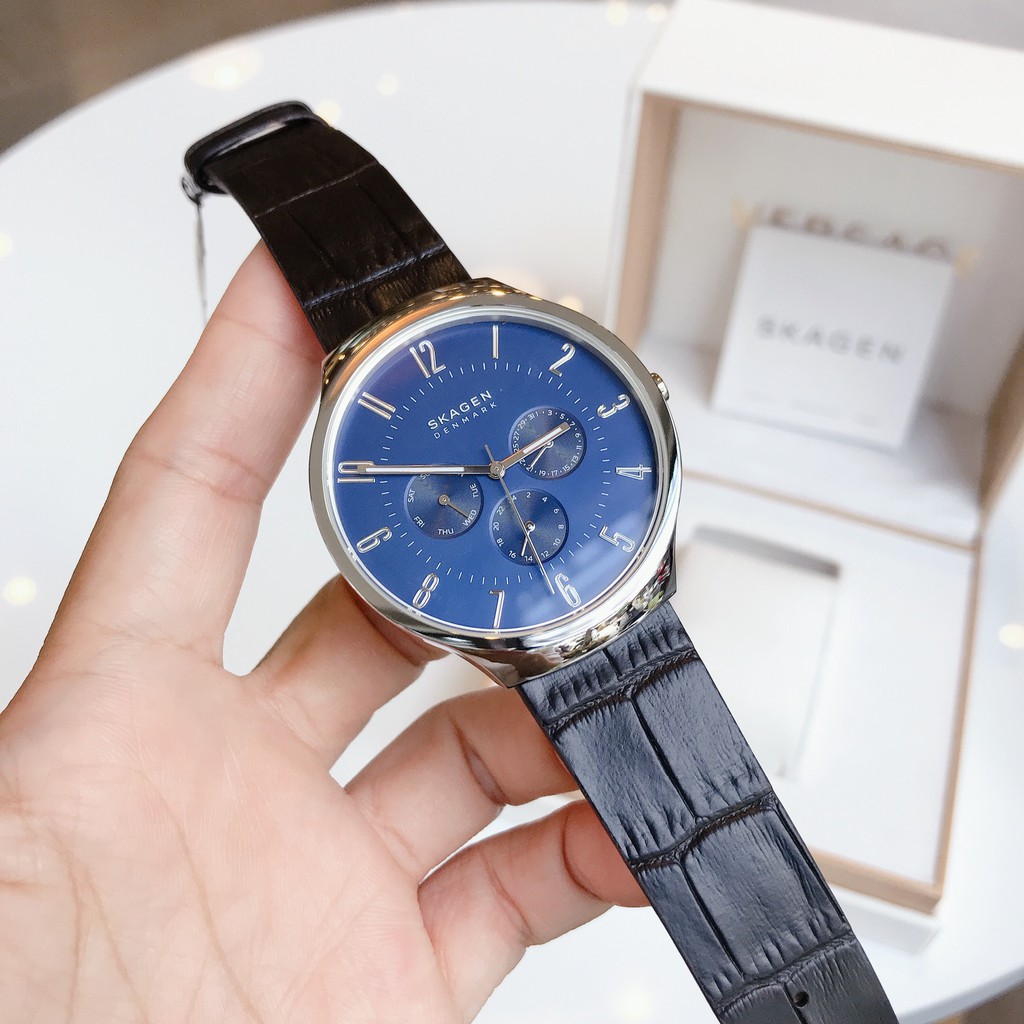 Đồng hồ Nam Skagen SKW6535 Grenen mặt xanh blue dây da đen