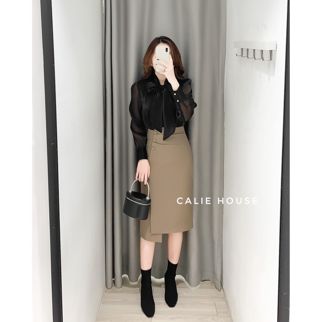 Chân váy dáng dài nữ dáng A cạp cao vạt lệch đính cúc thanh lich thời trang công sở Calie House CV23 | BigBuy360 - bigbuy360.vn