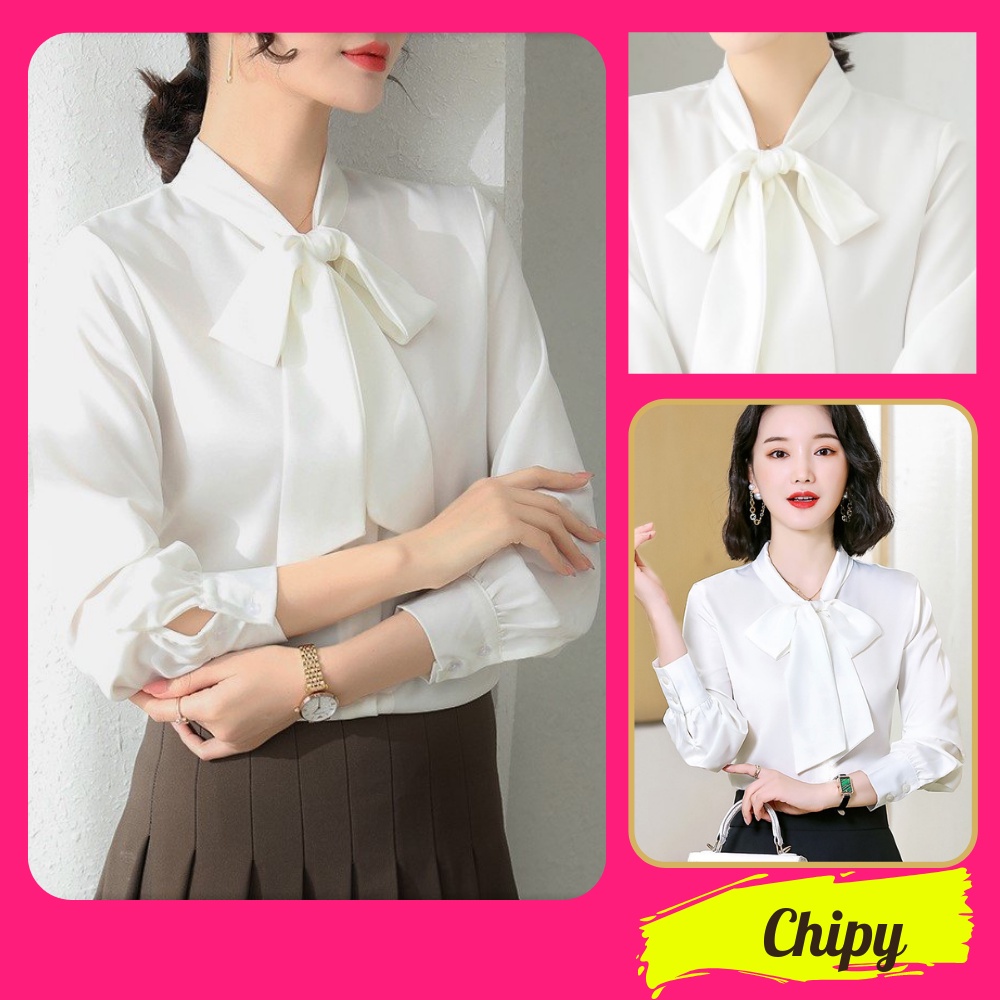 Áo Sơ Mi Kiểu Công Sở Đẹp CHIPY Tay Dài Cổ Thắt Nơ Màu Trắng Chất Lụa Cao Cấp From Rộng Hàn Quốc Ulzzang Vintage A1T