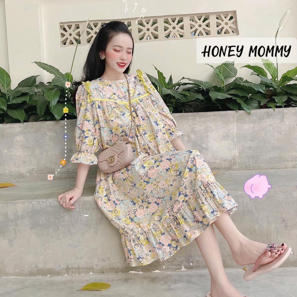 Váy Bầu Hoa Nhí Cổ Bèo Đuôi Cá HD2825 Honey Mommy Đầm Bầu Hè Ngắn Tay Đi Chơi Công Sở