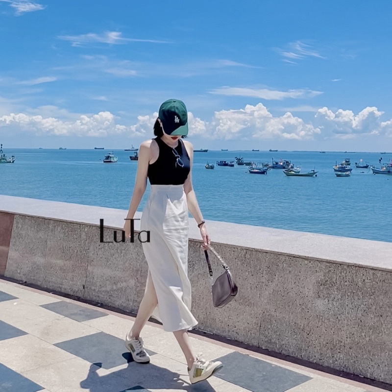 Chân váy midi linen hack dáng phong cách Hàn Quốc