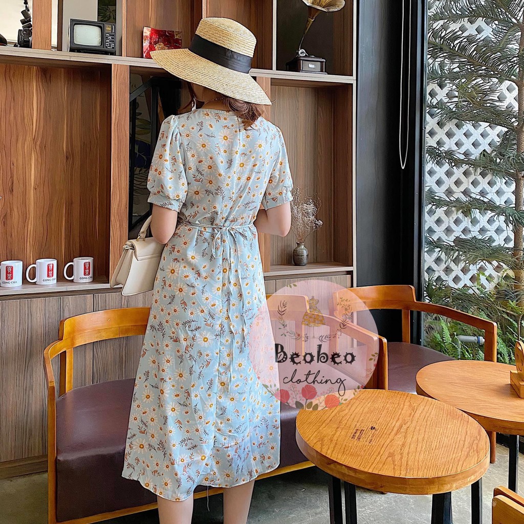 Đầm midi voan hoa cổ v nhúng thân thắt nơ vintage