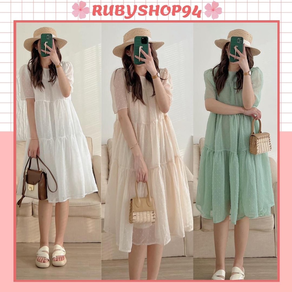 Váy đầm babydoll voan tơ chấm bi 2 lớp tay ngắn phong cách tiểu thư xinh xắn