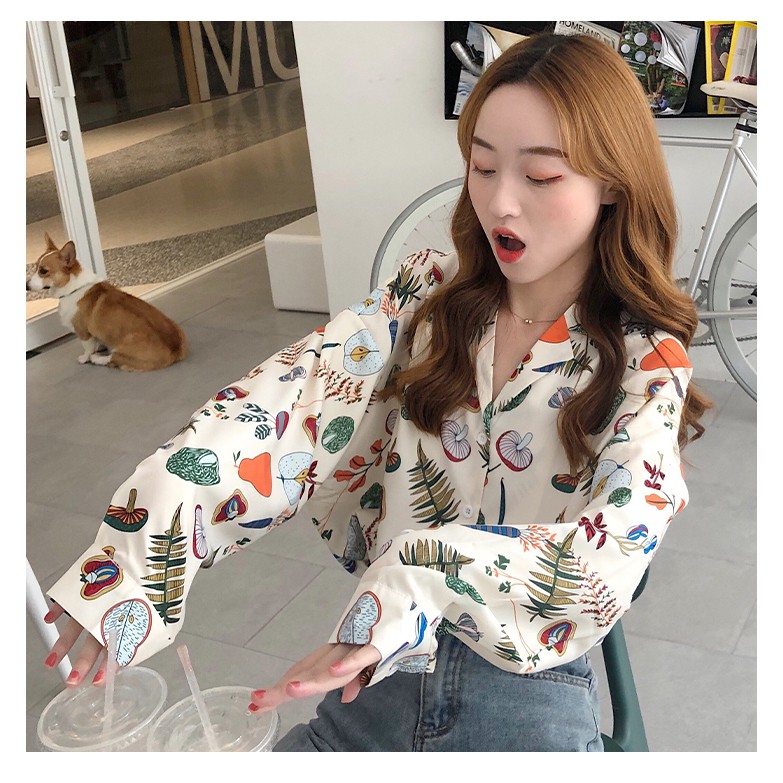 Áo Sơ Mi họa tiết dáng rộng dài tay hoa lá dễ thương