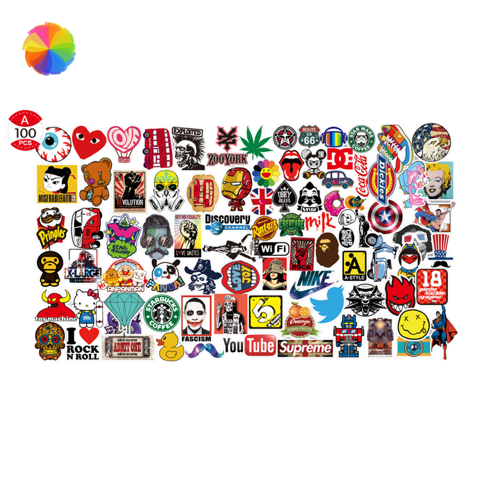 Bộ 100 miếng dán trang trí xe hơi/ván trượt/máy tính nhiều họa tiết chống thấm nước