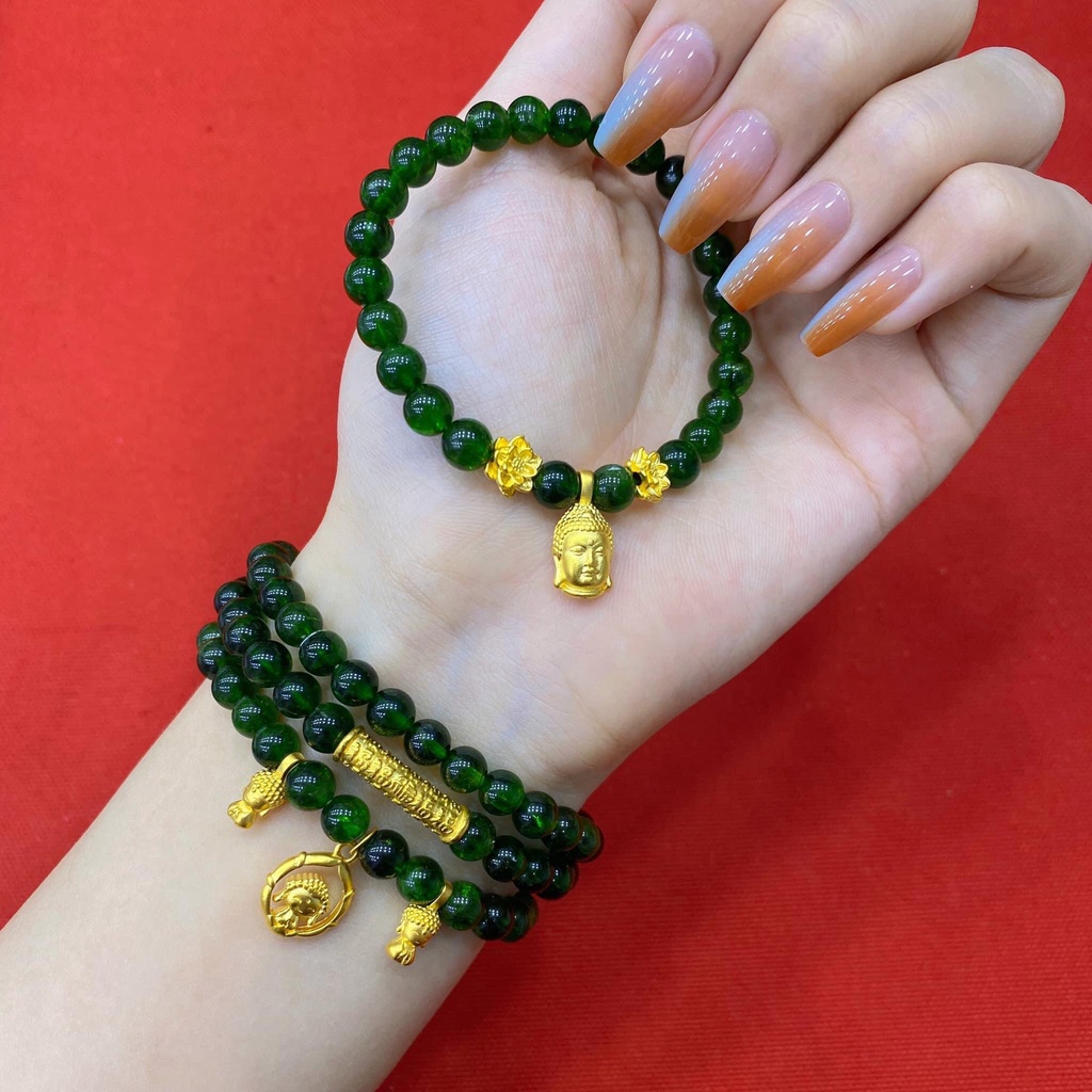 Charm ống khắc chú bình an 24k,Vòng tay dây cước charm ống khắc chú 24k Minh Tâm Jewelry