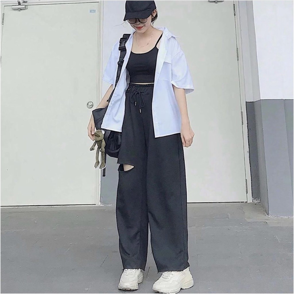 Quần Baggy Unisex, Chất liệu nỉ Ống Rộng Rách Gối, Cạp Cao Thun Dài SANMAY-QD001