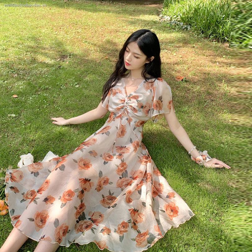 ♛☃ﺴ"Sweet Summer" oil painting flowers French retro elegant slimming clavicle long dress female 2021 new style [shipped within 12 days]