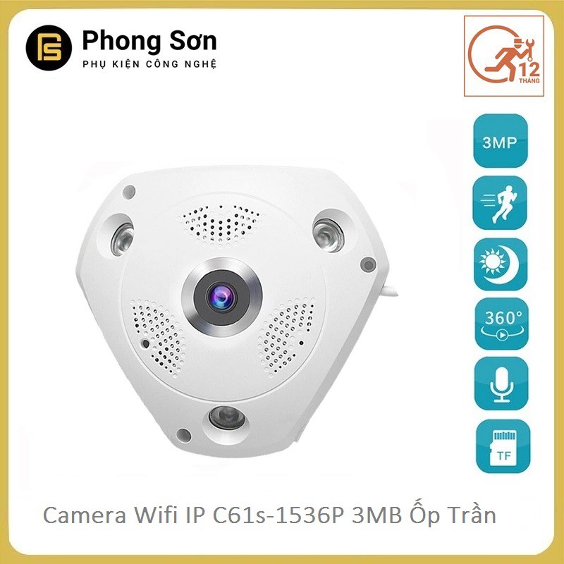 Camera wifi IP C61s FHD 1536P Vstarcam ốp trần, góc rộng 180 độ, toàn cảnh 360