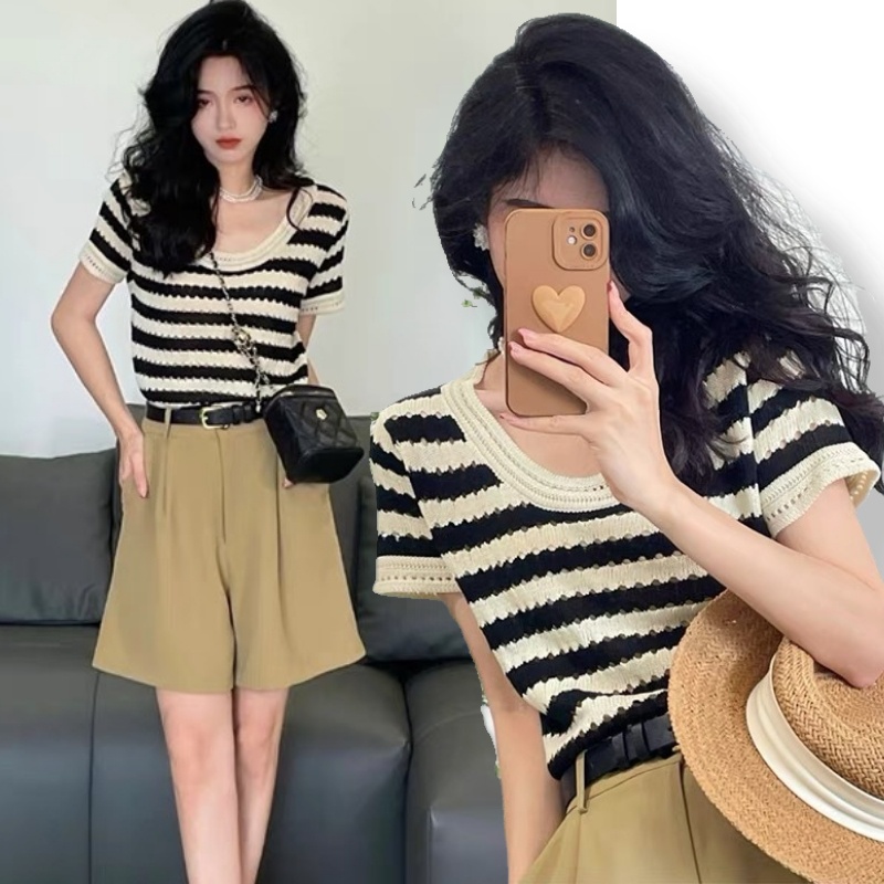 SUXI Áo Thun Dệt Kim Mỏng Dáng Rộng Tay Ngắn Kẻ Sọc Kiểu Vintage Thời Trang Mùa Hè Cho Nữ
