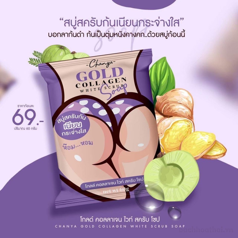 Xà bông tẩɏ tế bào chết khử ṫhâm mông, ƅẹn, ņách Gold collągen White Scrub Soap Thái Lan