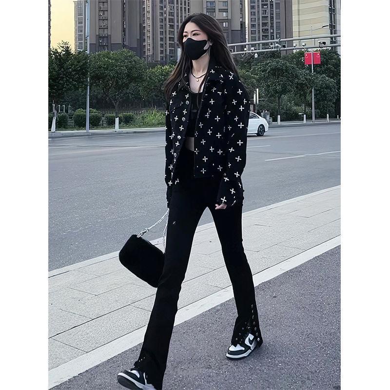 80-200 jin large-size black denim jacket for women's new Spring and Autumn Hong Kong style loose cross blouse