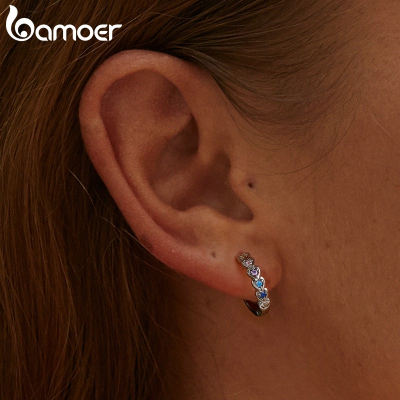 Cặp khuyên tai Bamoer Sce1275 bằng bạc 925 mặt hình trái tim màu cầu vồng thời trang cho nữ