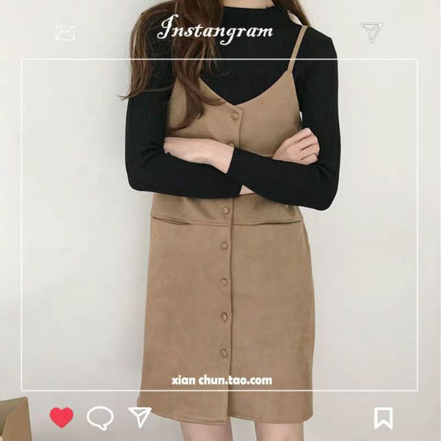 Váy 2 dây da lộn cài cúc xuất Hàn (có sẵn)