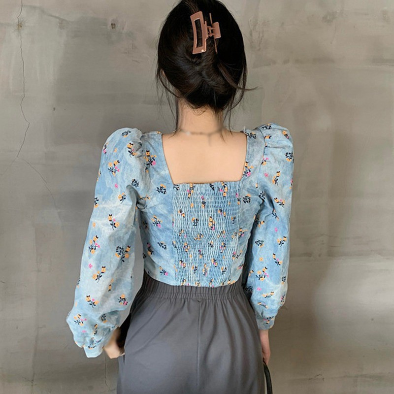 Áo denim cổ vuông tay dài họa tiết hoa sành điệu trẻ trung cho nữ | BigBuy360 - bigbuy360.vn