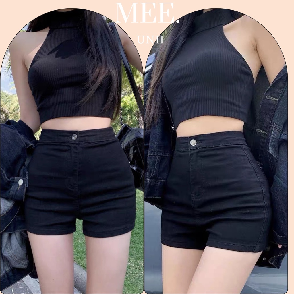 Quần short jean trơn lưng cao ôm sát co dãn, quần sooc idol ôm cạp cao MEE.UNII
