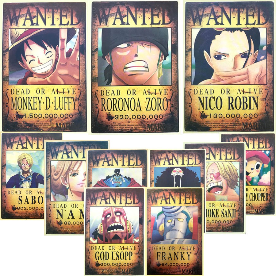 Bộ 11 Tấm Poster Truy Nã One Piece Băng Mũ Rơm Tặng Thêm Sabo Với Mức Truy Nã Mới Nhất, Giấy Bìa Dày Chống Nước,Khổ A4