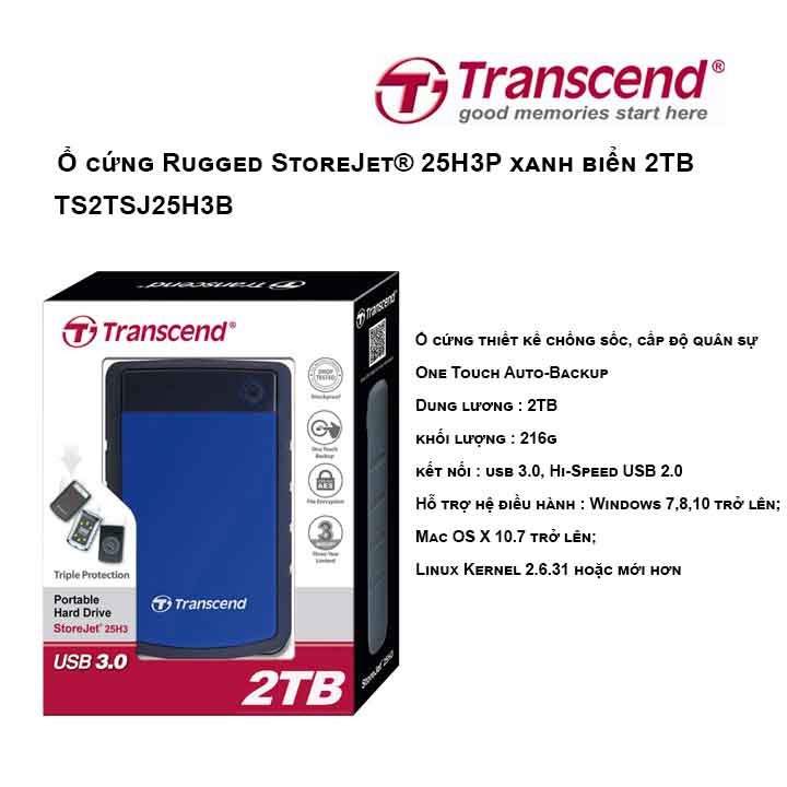 Ổ Cứng Di Động Transcend StoreJet 2TB USB 3.0/3.1 - Hàng Chính Hãng