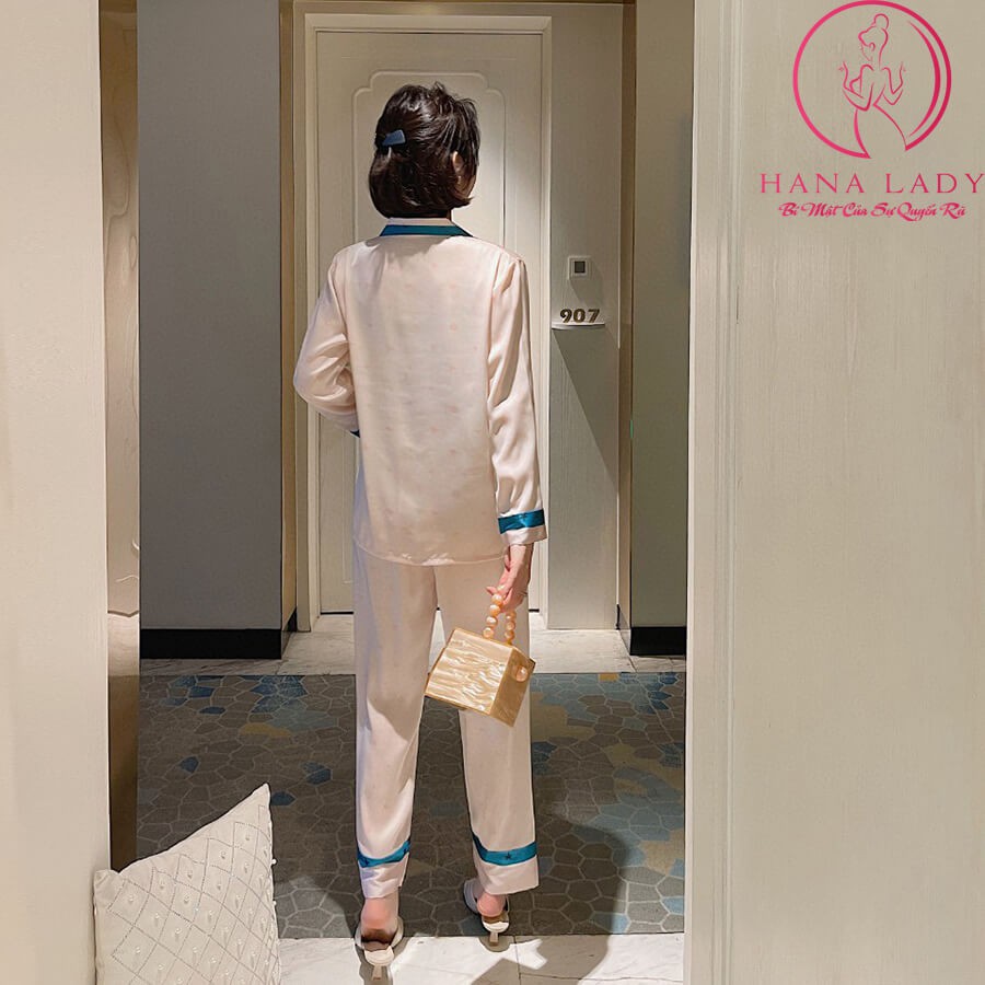 Đồ ngủ mặc nhà nữ, pijama lụa cao cấp tay dài quần dài họa tiết hoa nhí phối viền cao cấp PJ478