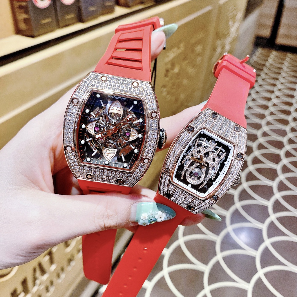 Đồng Hồ Nam Nữ Hanboro Nam Máy Automatic, Nữ Máy Pin , Dây Cao Su Màu Đỏ , Size 36mm/48mm fullbox