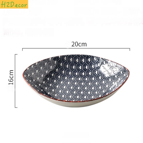 Đĩa gốm Oval hoạ tiết kẻ tráng men cao cấp phong cách Nhật Bản-H2Decor