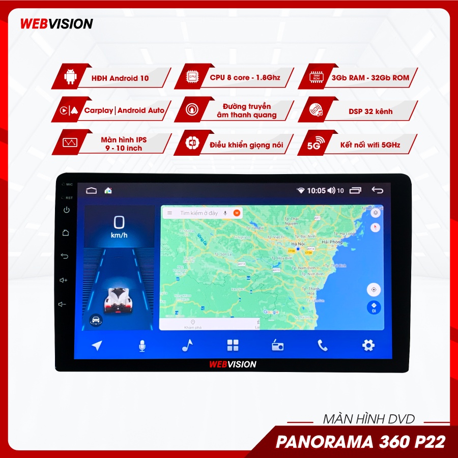 Màn hình Webvision Panorama P22, màn hình DVD Android liền camera 360 độ, 32gb ROM