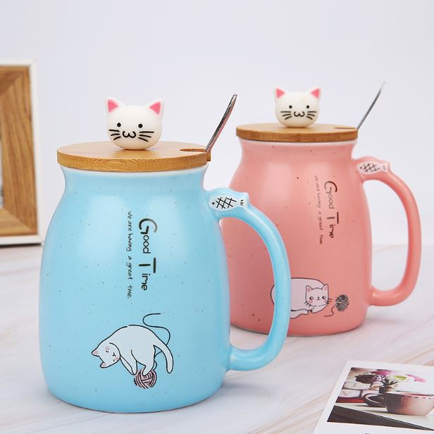 Ly sứ dễ thương Good Time 400ml có nắp đậy kèm muỗng cao cấp