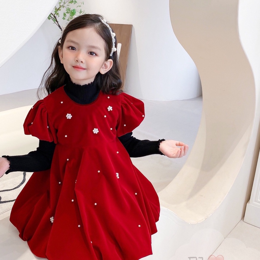 Váy đầm nhung đỏ công chúa tay bồng đính ngọc siêu xinh cho bé diện Noel và Tết cho bé 1-5 tuổi VTE03