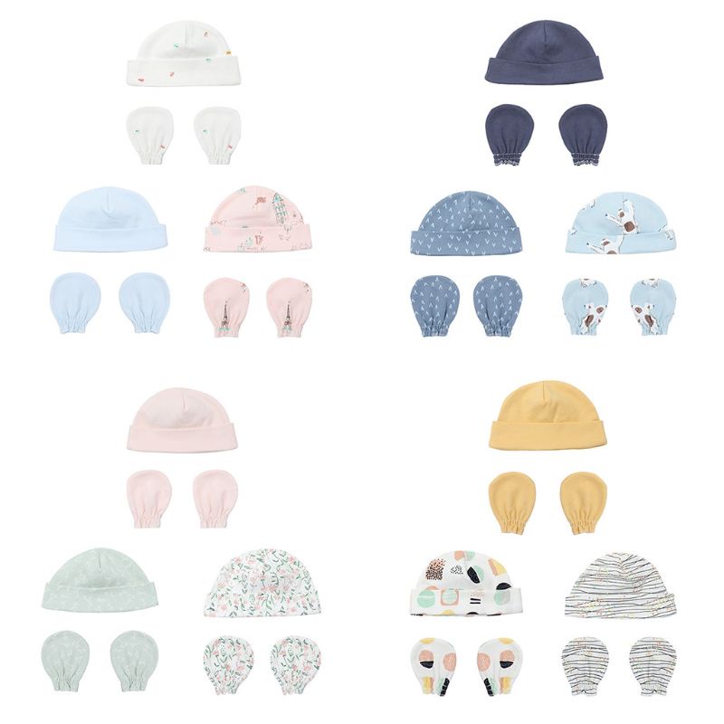 Bộ Găng Tay + Nón + Găng Tay Bằng Cotton Chống Xước Giữ Ấm Cho Bé Sơ Sinh