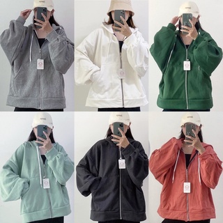 Áo khoác nỉ hoodie nữ tay phồng khoá kéo form rộng nón to chống nắng