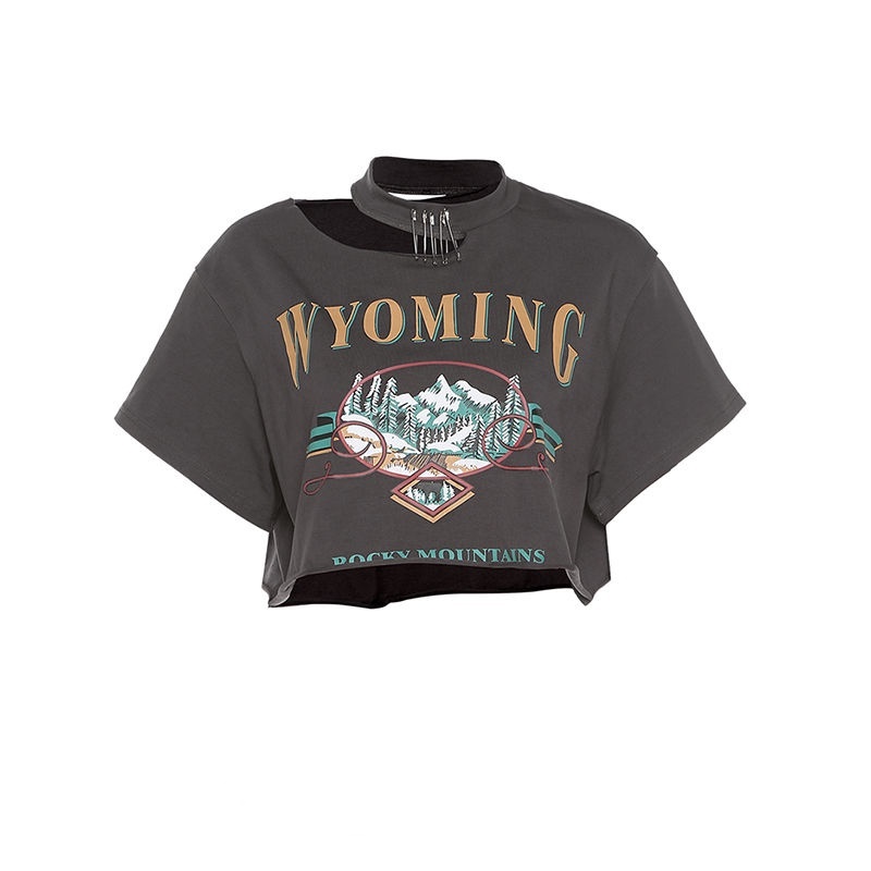 Áo thun nữ dáng lửng cổ tròn in chữ thời trang phong cách retro