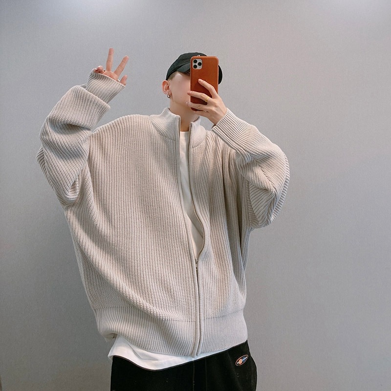 Áo khoác dệt kim dáng rộng phối khóa kéo thời trang thu đông cho nam và nữ