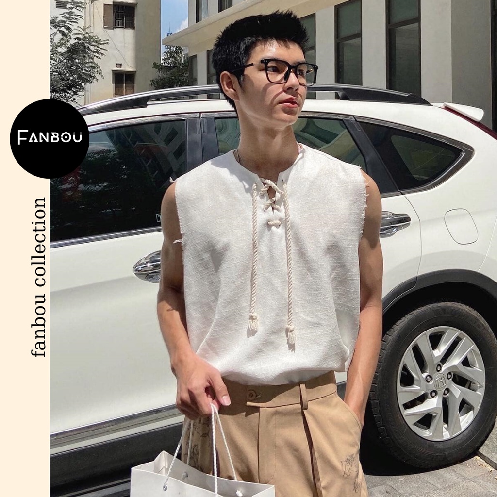 Áo sơ mi nam tanktop sát nách cổ xẻ V thắt dây