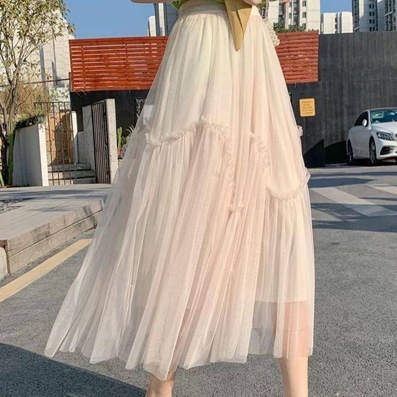 Chân Váy Lưới Dài Qua Gối Màu Hồng Phong Cách Công Chúa Cho Nữ