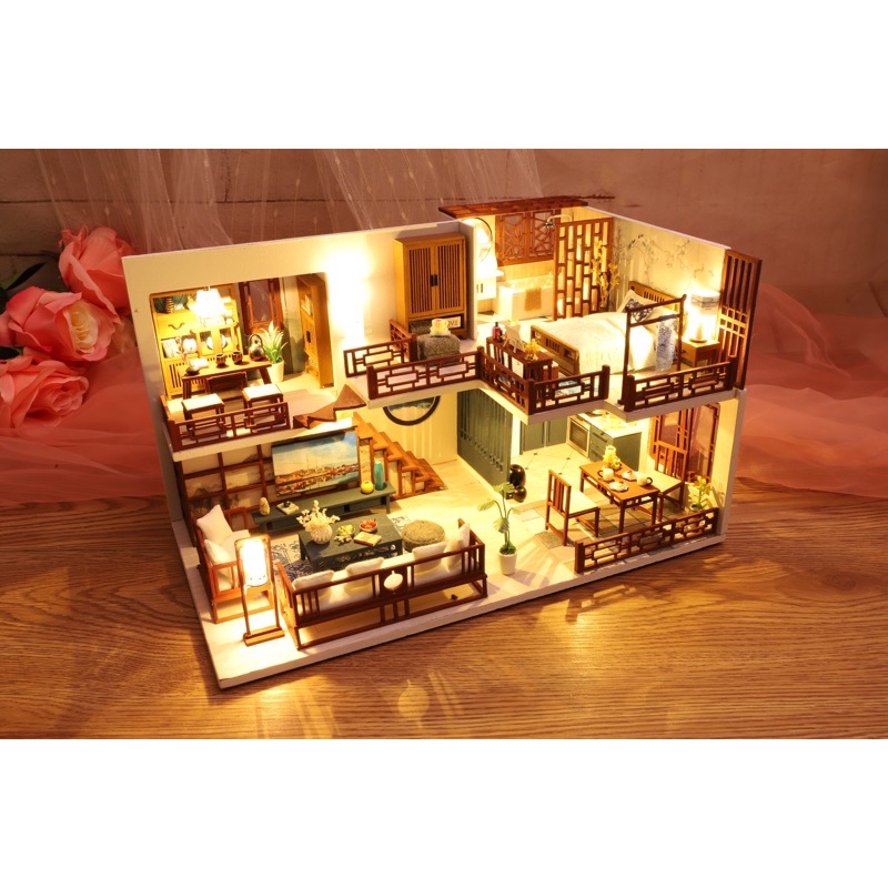 (Tặng mica,đèn,keo sữa)Mô hình nhà búp bê bé tự lắp ráp đô chơi bằng gỗ Diy doll house m025