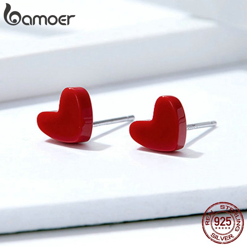 BAMOER Bông Tai Hình Trái Tim Đính Đá Đỏ Phong Cách Hàn Quốc 2019 Cho Nữ