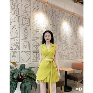 Sét vest sát nách croptop buộc dây kết hợp chân váy xếp ly có lót quần