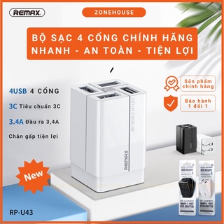 Củ Sạc Nhanh 4 cổng REMAX thông minh tự ngắt, hỗ trợ sạc siêu nhanh QC 3.0, 4 cổng USB bảo vệ chống sét.