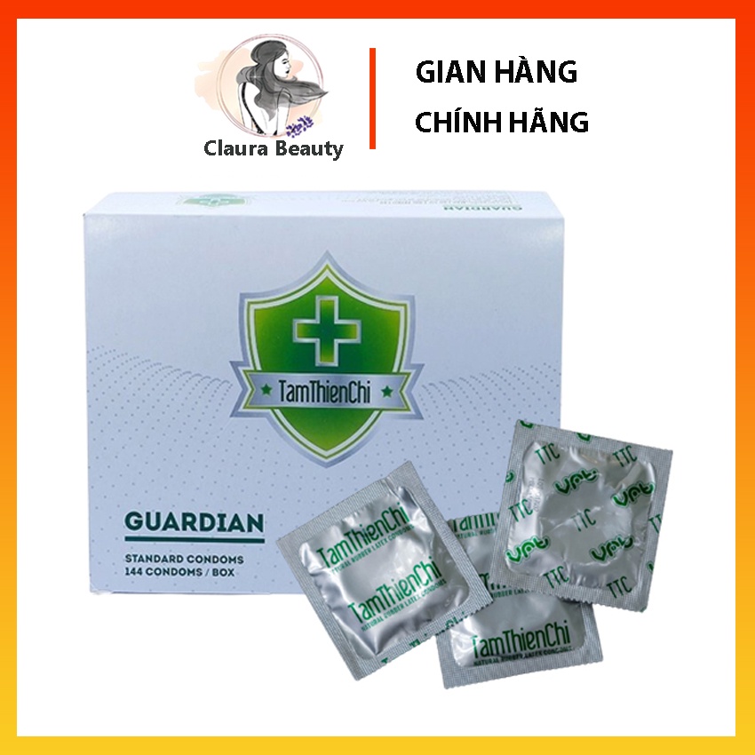 Bao cao su Tâm Thiện Chí Guardian mỏng trơn hộp 144 cái tặng 1 chai gel kháng khuẩn Emilar 50g Claura Beauty