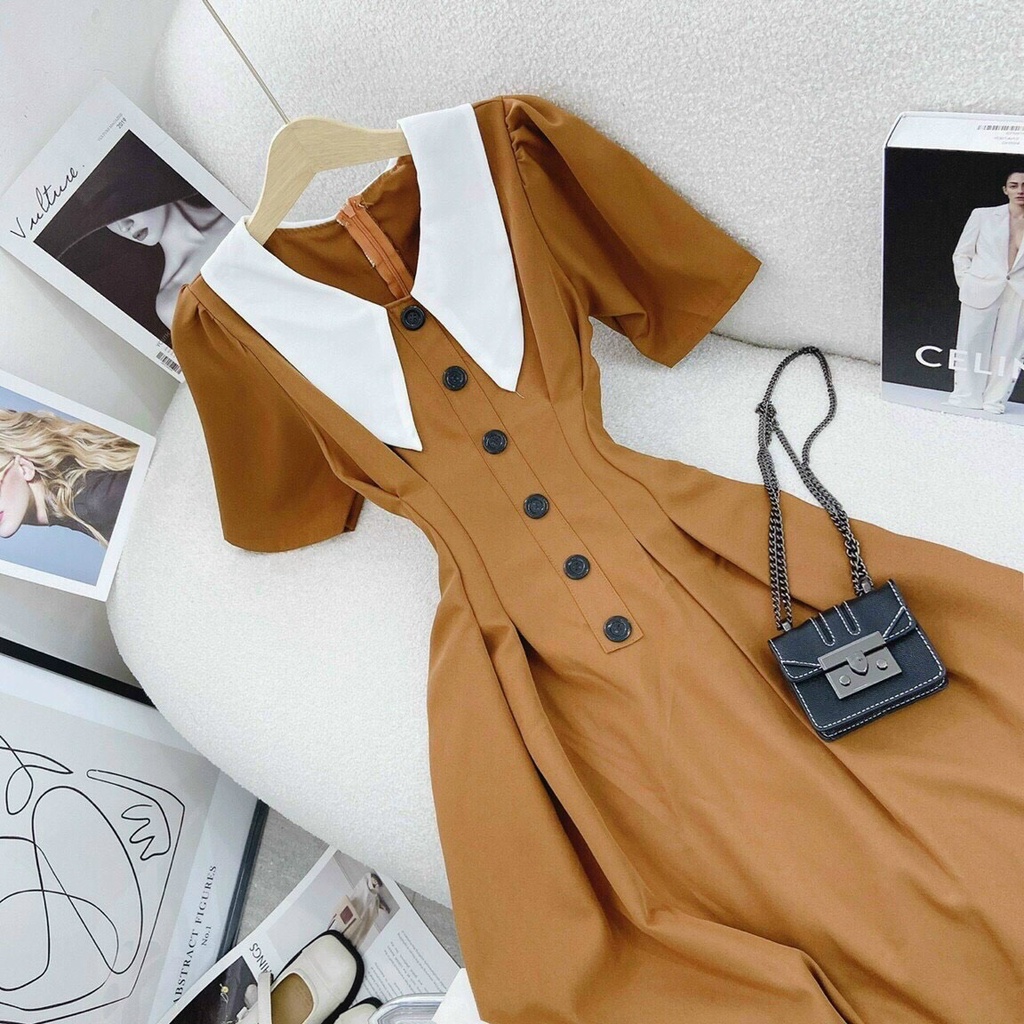 Đầm váy nữ lụa ôm eo cài nút giả phối cổ nhọn bèo xinh dáng thân tôn dáng trẻ trung sang trọng thanh lịch siêu xinh