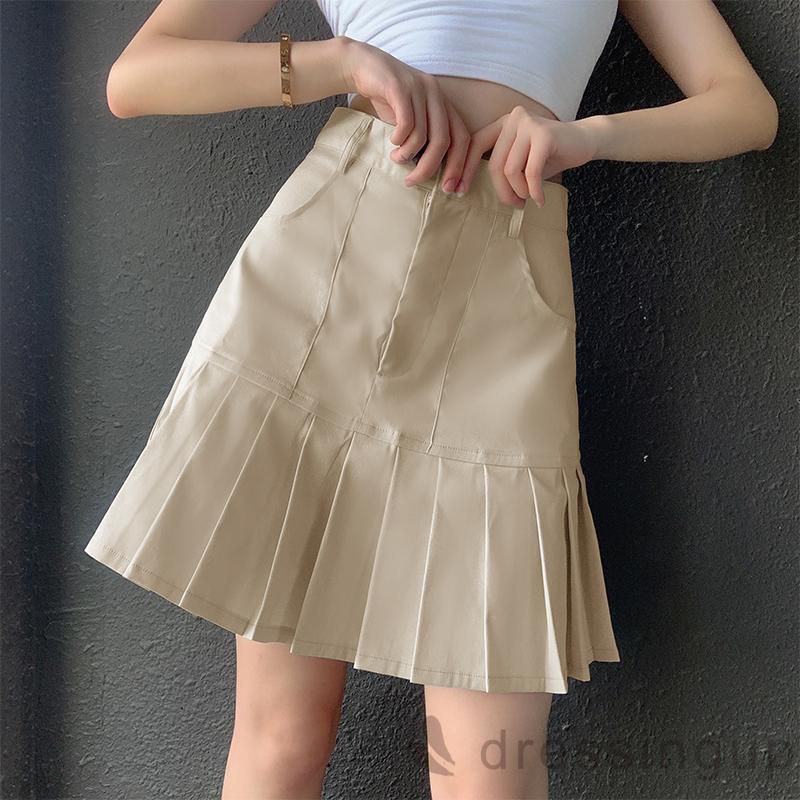 DRESSINGUP-Chân váy chữ A xếp ly ngắn trên gối màu trơn cạp cao thanh lịch cho nữ